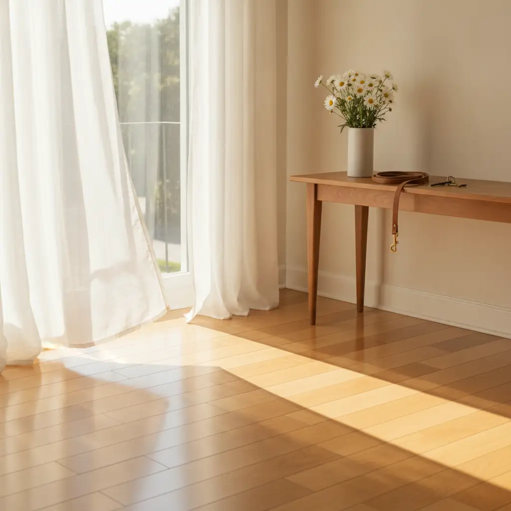 A minimalist entryway with light wood flooring, a vase of daisies on a table, and sheer curtains, representing the need to remove pet odors before moving out.
