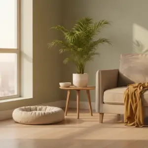 A cozy living room featuring a potted palm plant, a wooden side table, a beige armchair with a mustard throw, and a pet bed, highlighting the presence of potentially toxic plants cats dogs apartment.