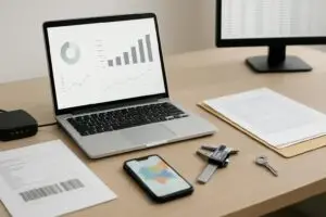Diagram-style overview of best real estate data providers embedded analytics displayed on a laptop screen and dashboard panels.