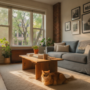 A ginger cat rests on a rug in a sunlit apartment living room that reflects the atmosphere of the best neighborhoods Chicago cat owners often seek out.