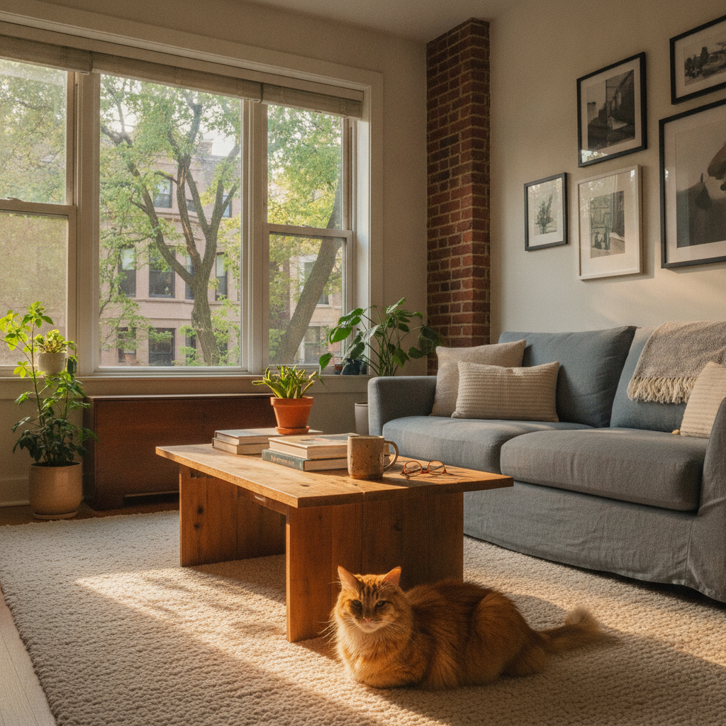 A ginger cat rests on a rug in a sunlit apartment living room that reflects the atmosphere of the best neighborhoods Chicago cat owners often seek out.