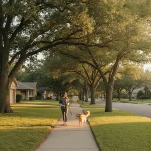 A woman walks her dog on a sidewalk during golden hour, illustrating why this area is among the best neighborhoods Houston dog owners enjoy.