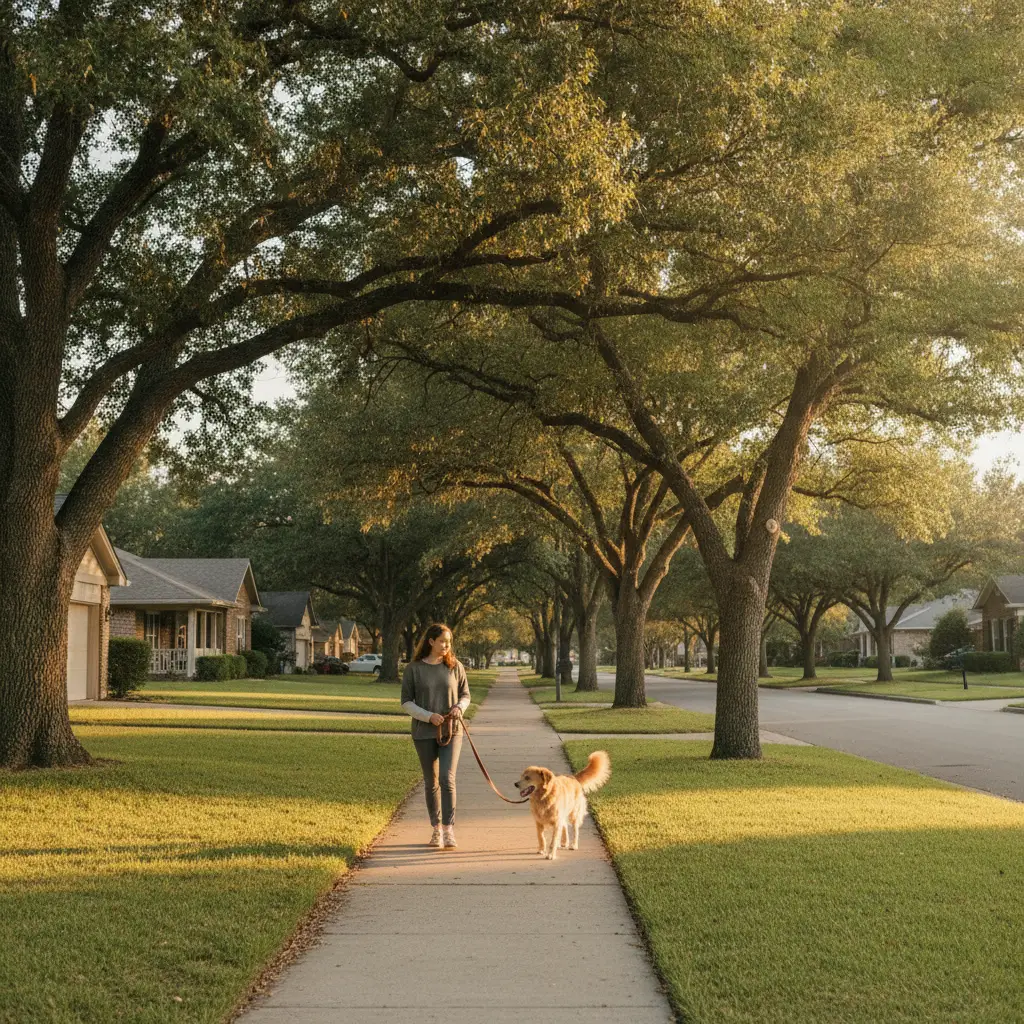A woman walks her dog on a sidewalk during golden hour, illustrating why this area is among the best neighborhoods Houston dog owners enjoy.