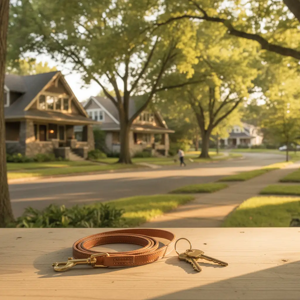 A coiled brown leather dog leash and two keys rest on a wooden surface with a suburban street in the background as a symbol of the best neighborhoods in Los Angeles for dog owners.