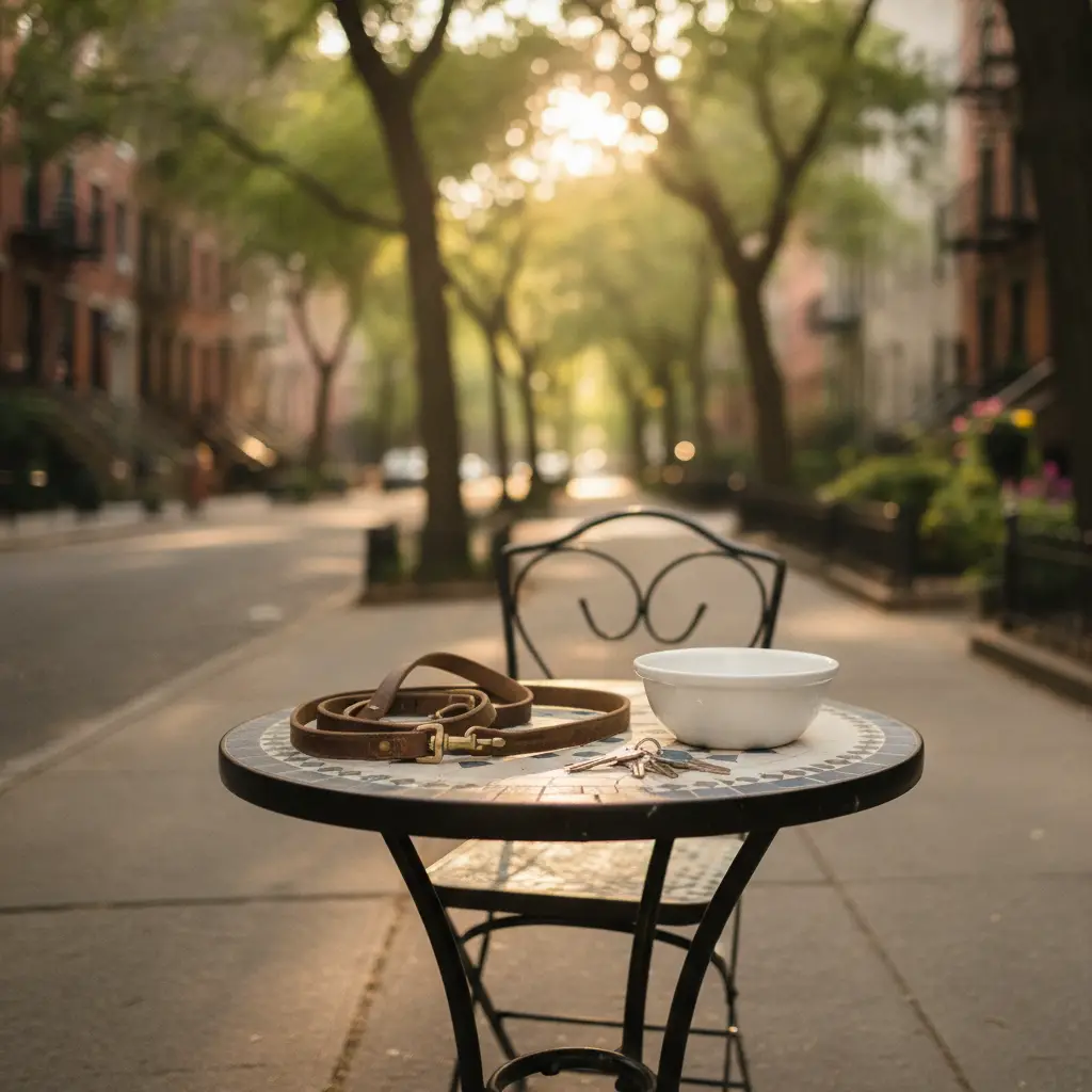 A leather leash and a small bowl sit on a cafe table outdoors, representing the best neighborhoods in NYC for dog owners.