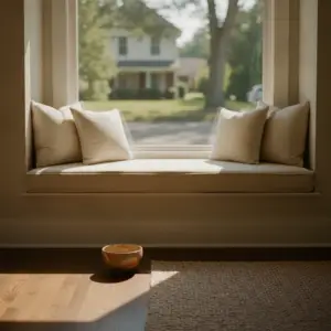 A cozy window bench with plush beige pillows sits in a bright room, offering a view of a quiet suburban street typical of cat friendly neighborhoods Boston.
