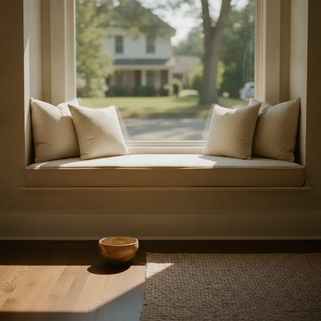 A cozy window bench with plush beige pillows sits in a bright room, offering a view of a quiet suburban street typical of cat friendly neighborhoods Boston.