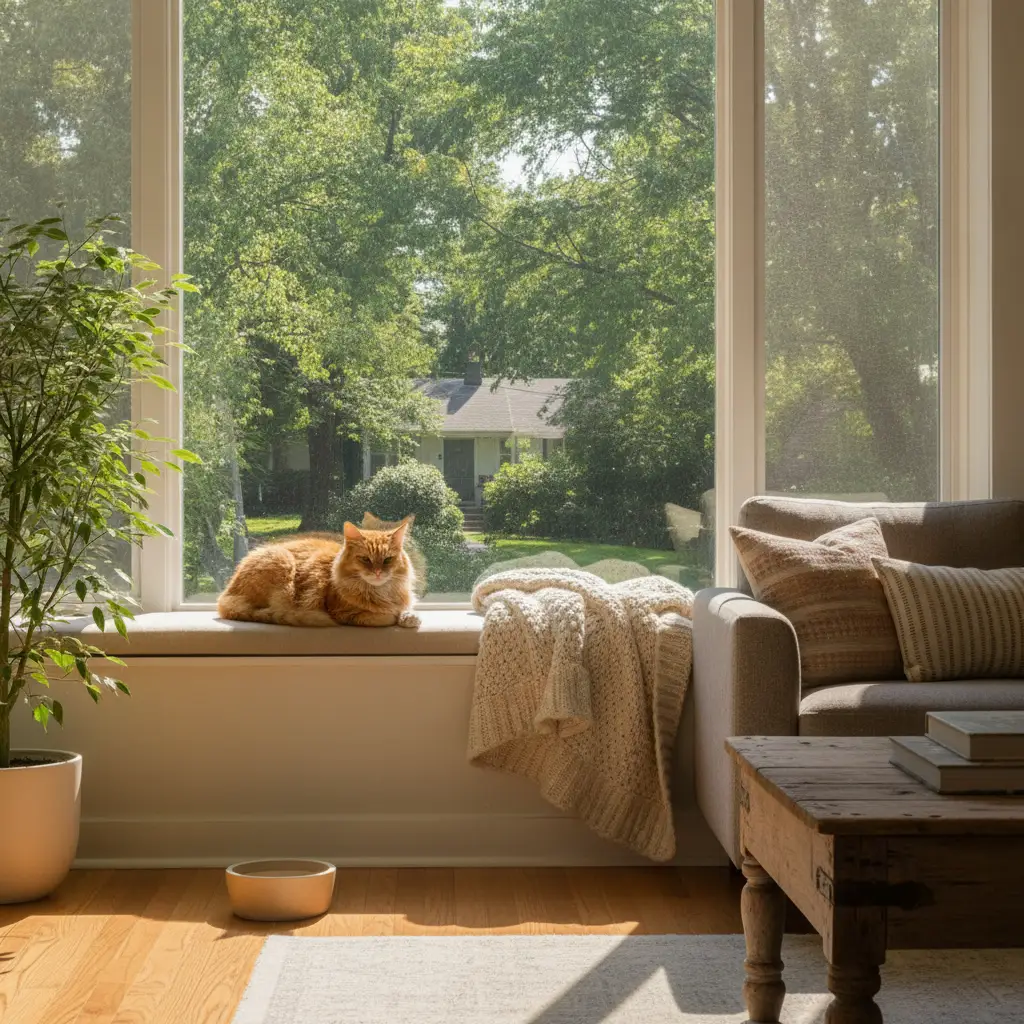 A fluffy ginger cat sits on a sunny window seat inside a cozy living room, overlooking a quiet street in one of the cat friendly neighborhoods Charlotte is known for.