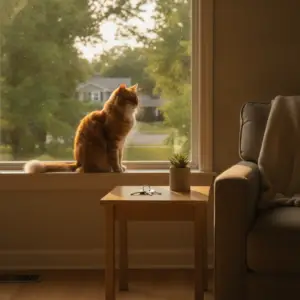 An orange tabby cat sits on a windowsill looking out at a peaceful street in one of the many cat friendly neighborhoods Dallas.
