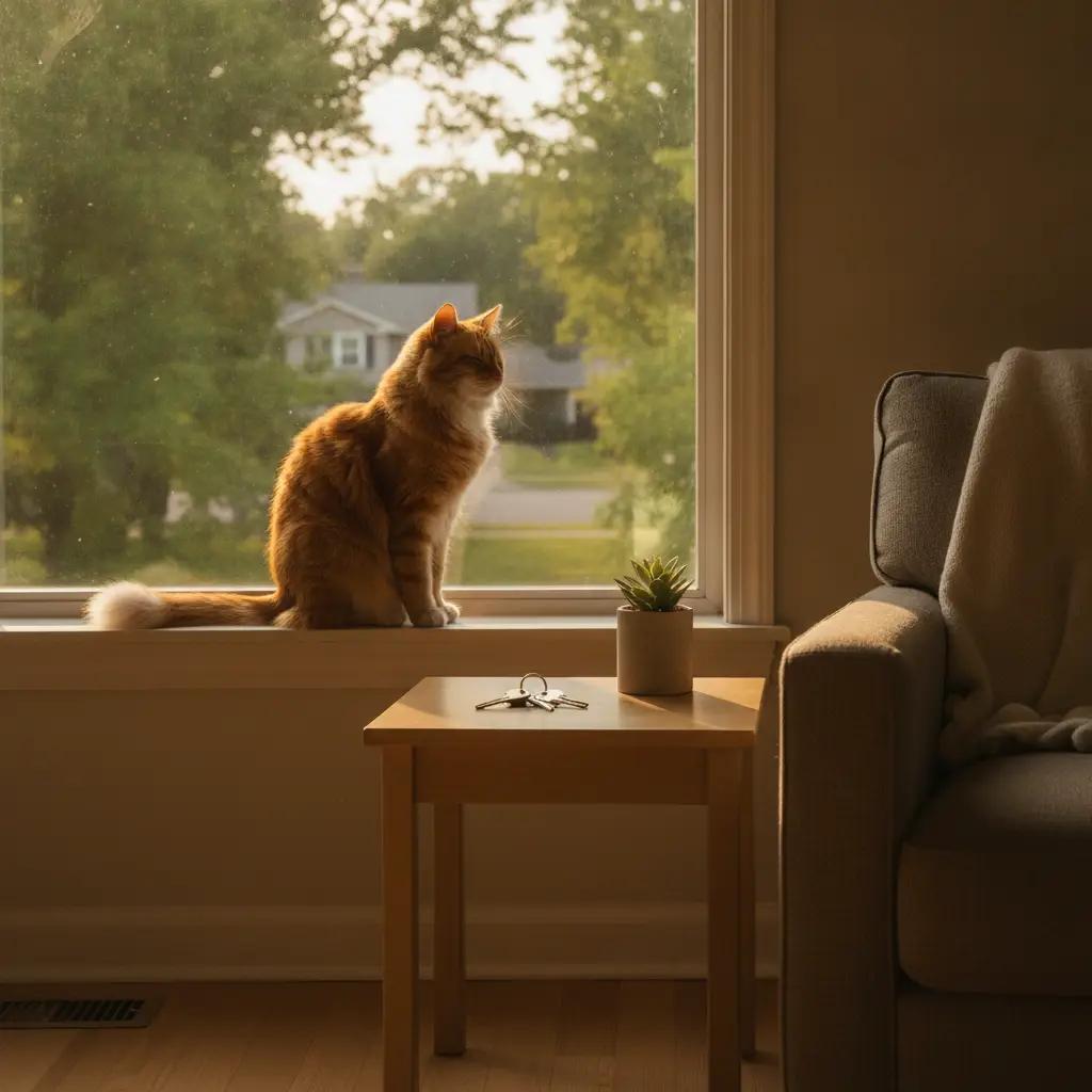 An orange tabby cat sits on a windowsill looking out at a peaceful street in one of the many cat friendly neighborhoods Dallas.