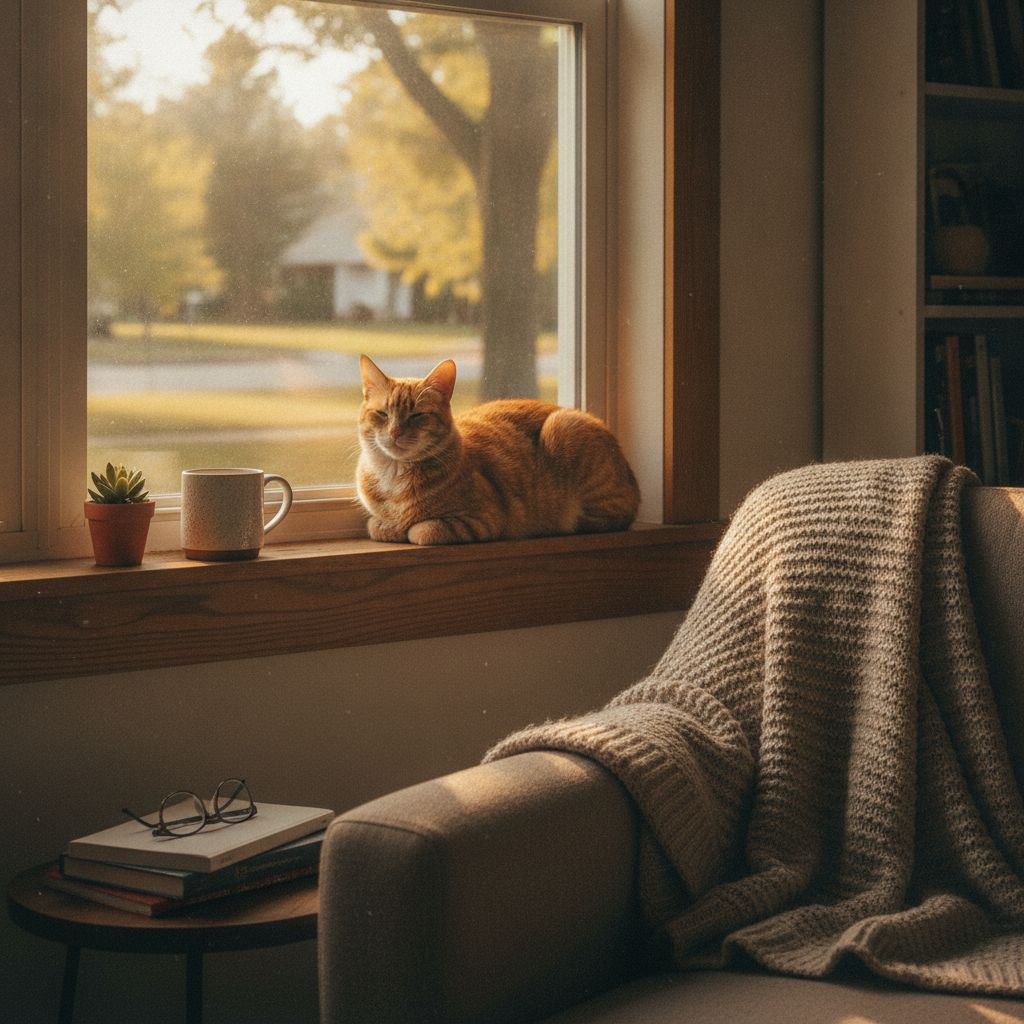 An orange cat sits on a wooden windowsill beside a coffee mug and a small plant, embodying the quiet lifestyle of cat friendly neighborhoods Denver.