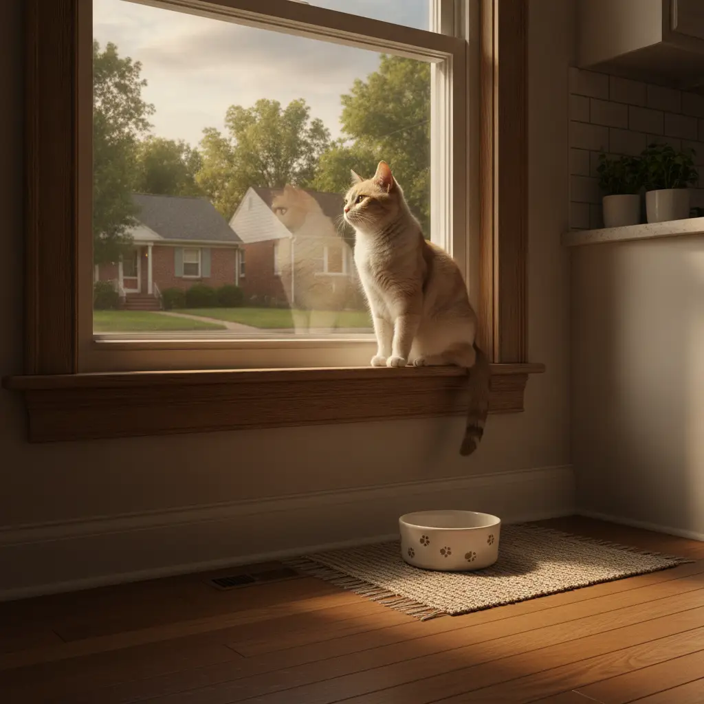 A ginger cat sits on a wooden windowsill looking out at houses in one of the many cat friendly neighborhoods Houston has to offer.
