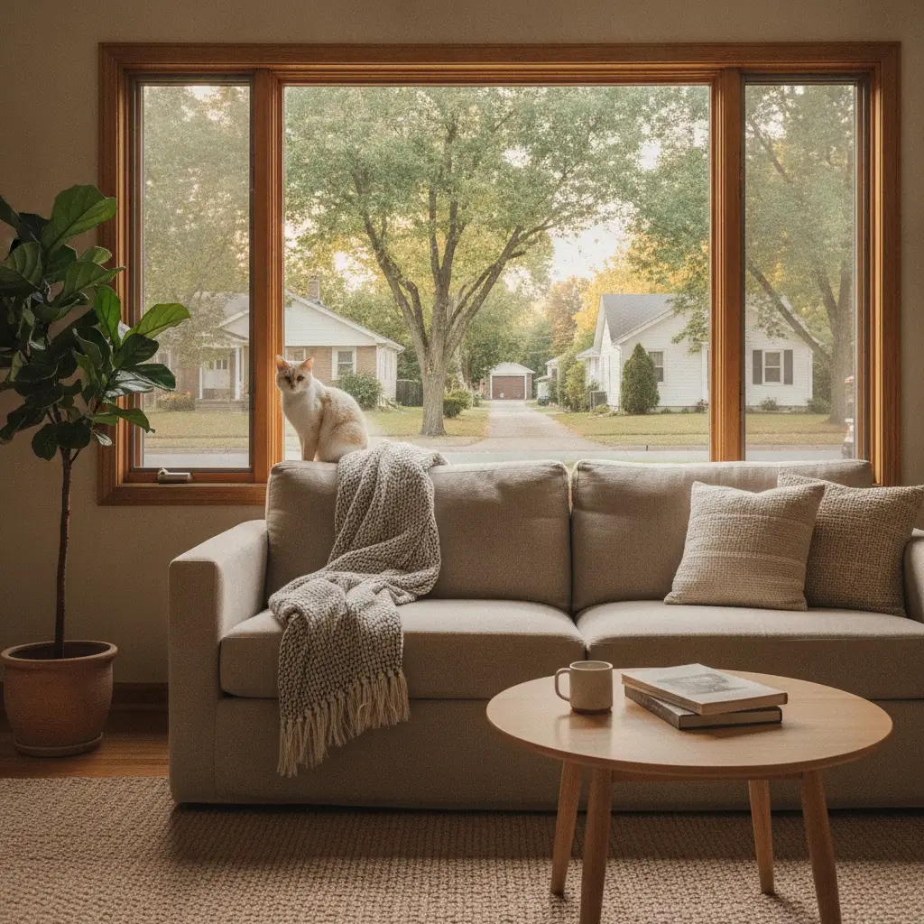 A domestic cat sits on the back of a beige sofa in a cozy living room with a view of a suburban street in one of the cat friendly neighborhoods Las Vegas.