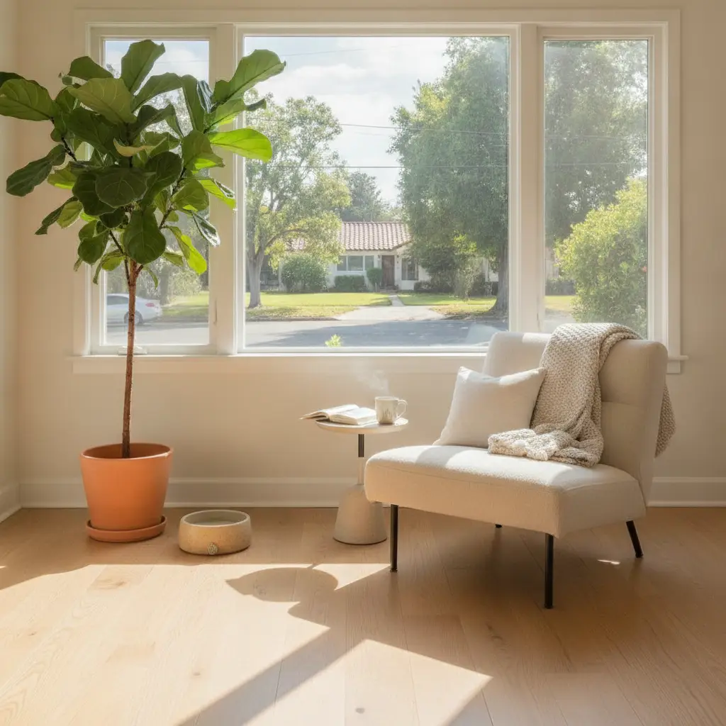 A brightly lit living room corner featuring a comfortable armchair, a large potted plant, and a side table, representing the peaceful atmosphere of cat friendly neighborhoods Los Angeles.