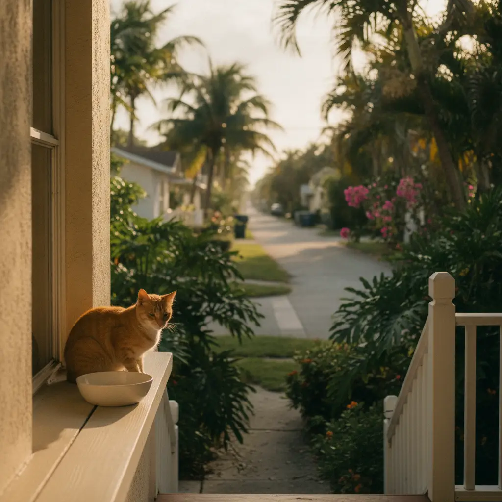 An orange cat sits on a sunny porch ledge next to a bowl, overlooking a quiet residential street in one of the cat friendly neighborhoods Miami.