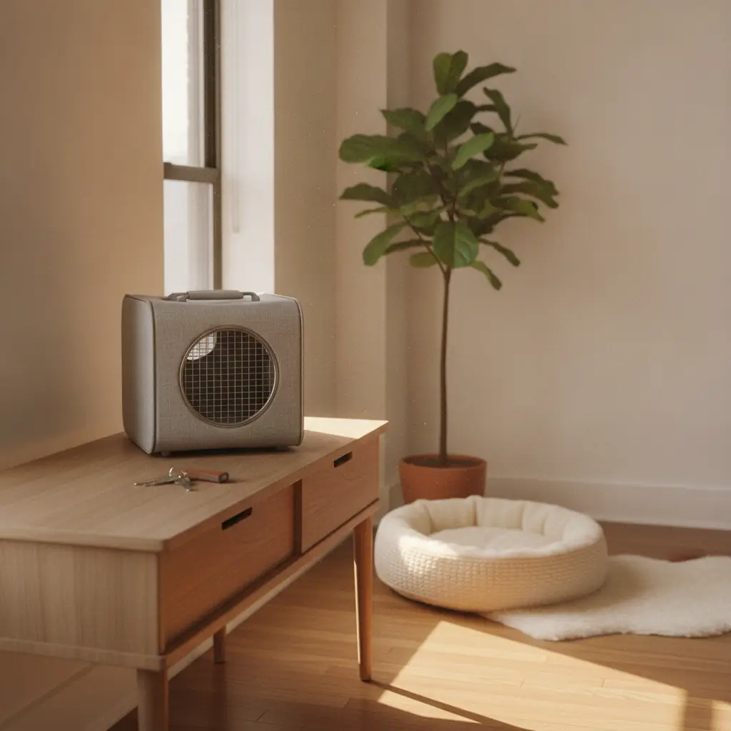 A modern pet carrier sits on a wooden console table next to a window in an apartment located in cat friendly neighborhoods NYC.