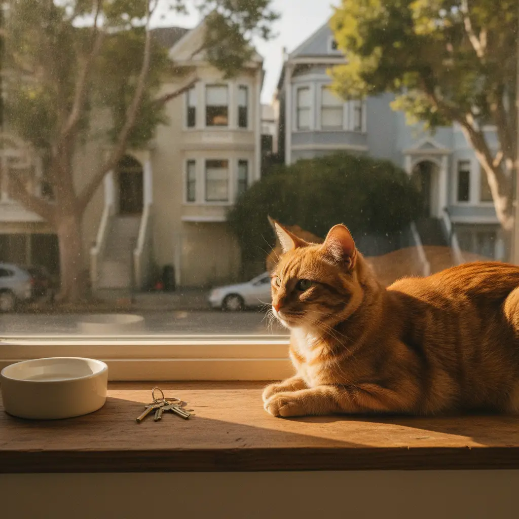 A ginger cat sits on a wooden windowsill next to a small bowl and keys, overlooking a quiet street with houses in one of the many cat friendly neighborhoods San Francisco has to offer.