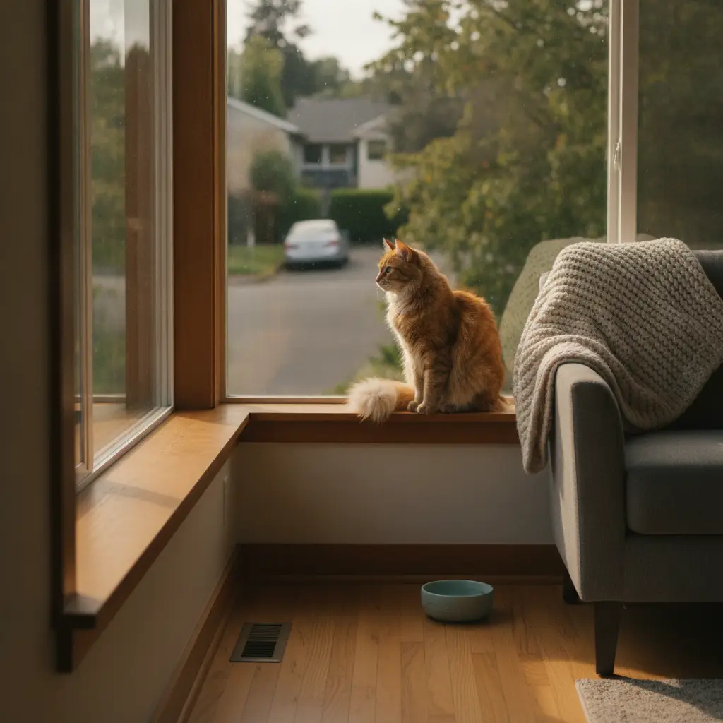 A ginger cat sits on a wooden windowsill looking outside at a suburban street, representative of cat friendly neighborhoods Seattle.