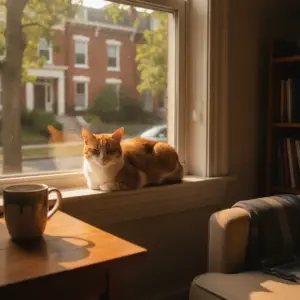 A ginger cat sits curled up on a windowsill in a quiet home, representative of the lifestyle in a cat friendly neighborhoods Washington DC setting.