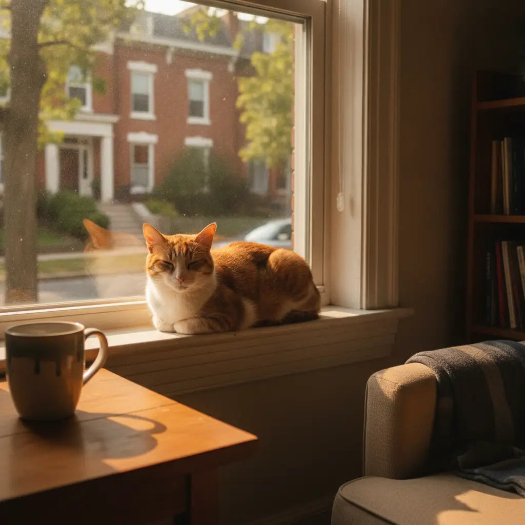 A ginger cat sits curled up on a windowsill in a quiet home, representative of the lifestyle in a cat friendly neighborhoods Washington DC setting.