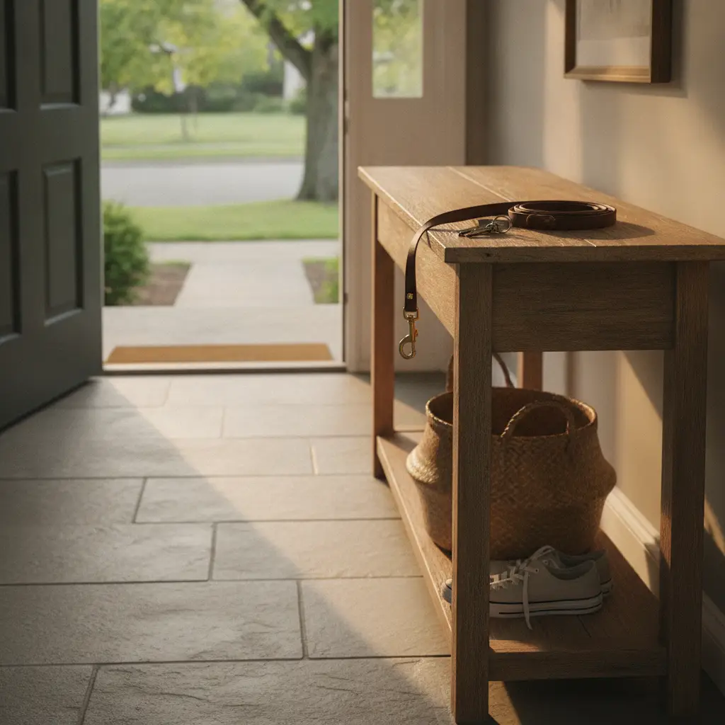 A wooden console table sits in an entryway with a dog leash, basket, and sneakers, representing life in dog friendly neighborhoods Charlotte NC.