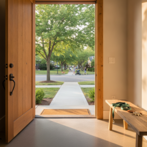 An open wooden front door revealing a tree-lined residential street, showcasing a scene common in dog friendly neighborhoods Chicago renters look for.