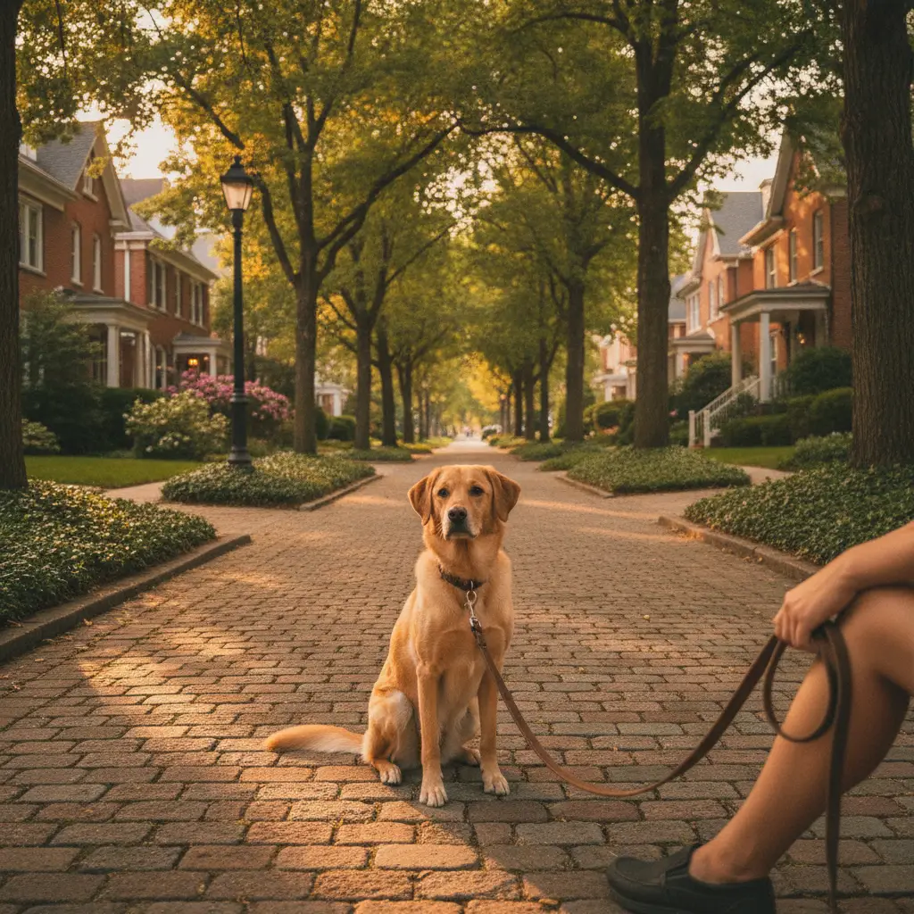 A yellow labrador sits on a leash at the edge of a brick-paved residential street in one of the many dog friendly neighborhoods Dallas has to offer.