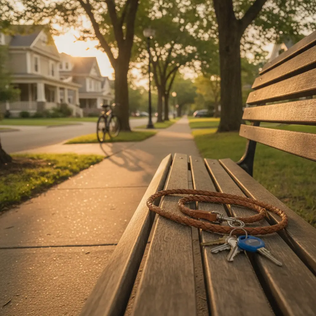 A leather leash and keys resting on a park bench in a quiet suburban setting representing dog friendly neighborhoods Denver renters can explore.