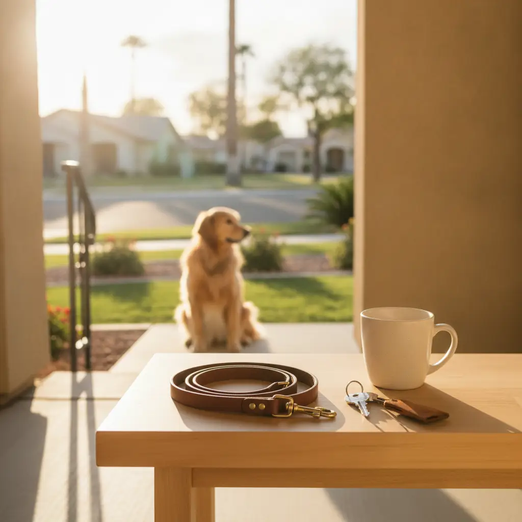 A leather dog leash and house keys sit on a wooden table on a porch, with a golden retriever waiting in the sunny yard of one of the many dog friendly neighborhoods Las Vegas renters choose.