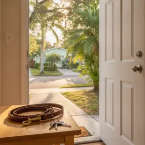 A leather leash and house keys sit on a wooden table beside an open door looking out toward a sunny street in one of the dog friendly neighborhoods Miami renters inhabit.