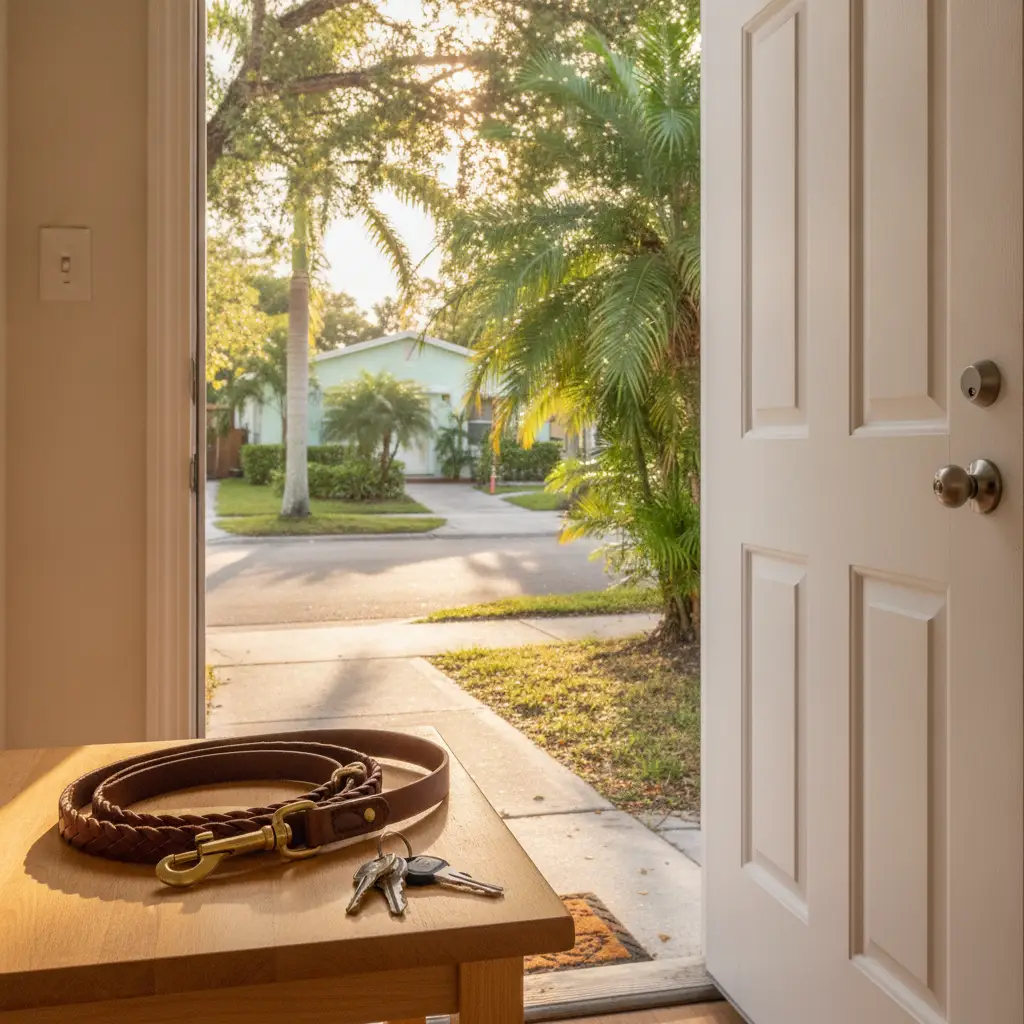 A leather leash and house keys sit on a wooden table beside an open door looking out toward a sunny street in one of the dog friendly neighborhoods Miami renters inhabit.