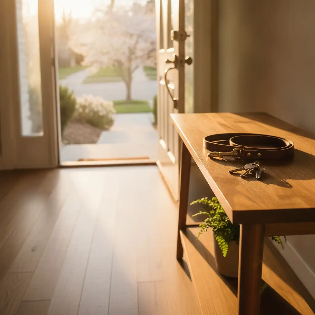 A leather leash and keys resting on a wooden table near an open doorway, perfect for exploring dog friendly neighborhoods Nashville renters value.