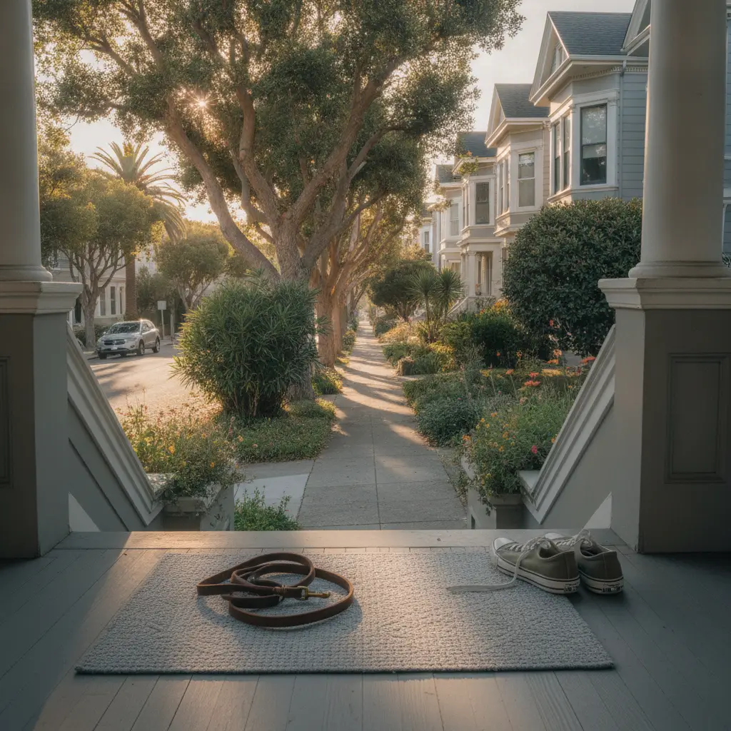 A view from a front porch looking out onto a tree-lined street, representing one of the many dog friendly neighborhoods San Francisco features, complete with a dog leash and sneakers on the mat.