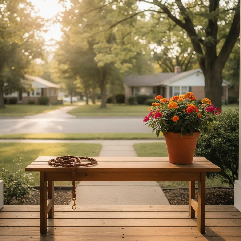 A wooden bench with a flower pot and a leather dog leash on a front porch in a dog friendly neighborhoods Seattle renters might find appealing.