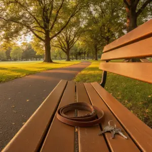 A leather leash and set of keys rest on a wooden bench overlooking a path in one of the dog friendly neighborhoods Washington DC residents enjoy.