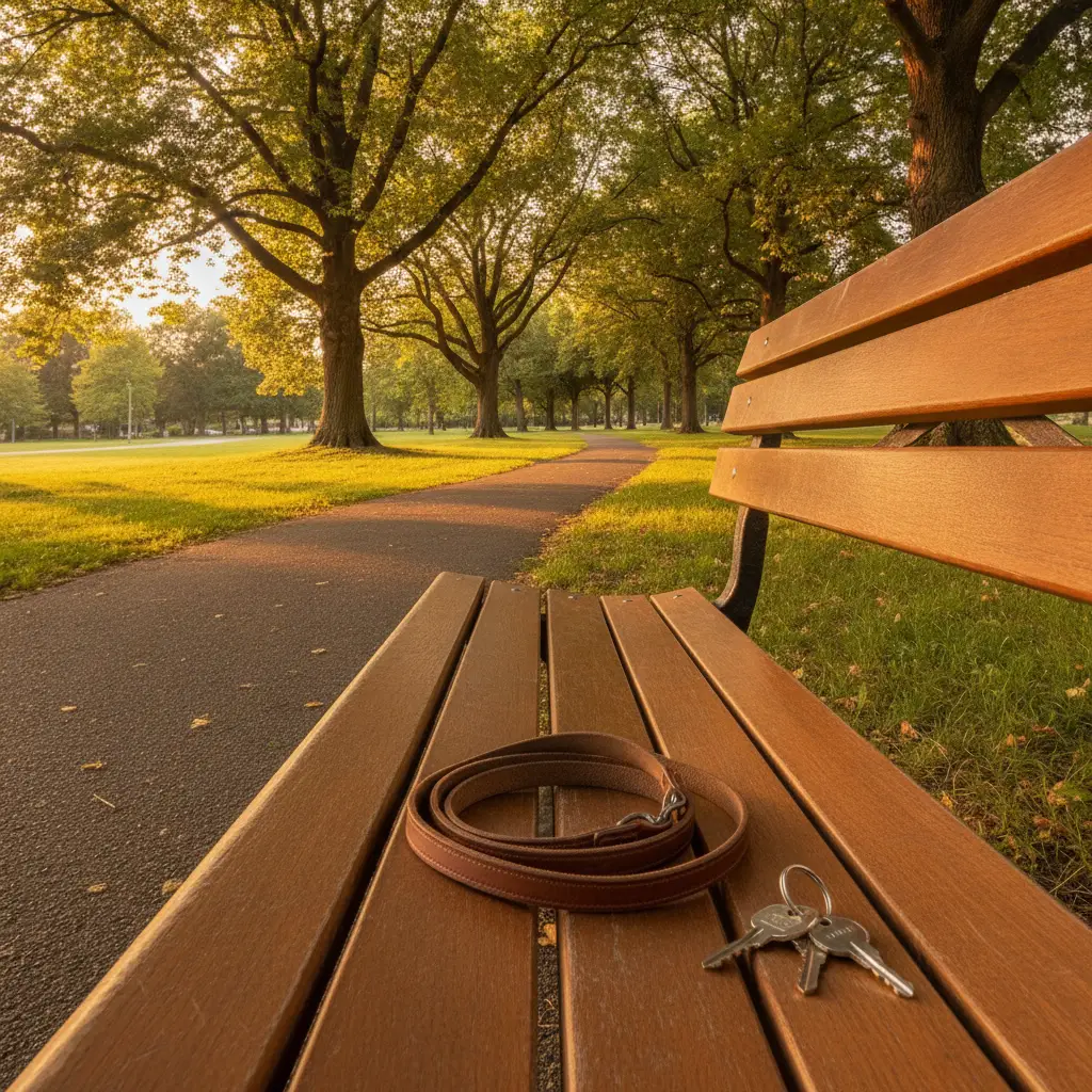 A leather leash and set of keys rest on a wooden bench overlooking a path in one of the dog friendly neighborhoods Washington DC residents enjoy.