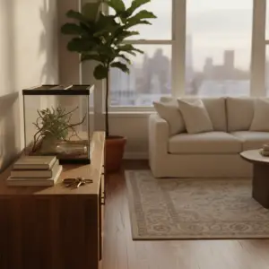 A glass reptile enclosure sits on a wooden sideboard in a sunlit living room representing exotic pet friendly apartments NYC.