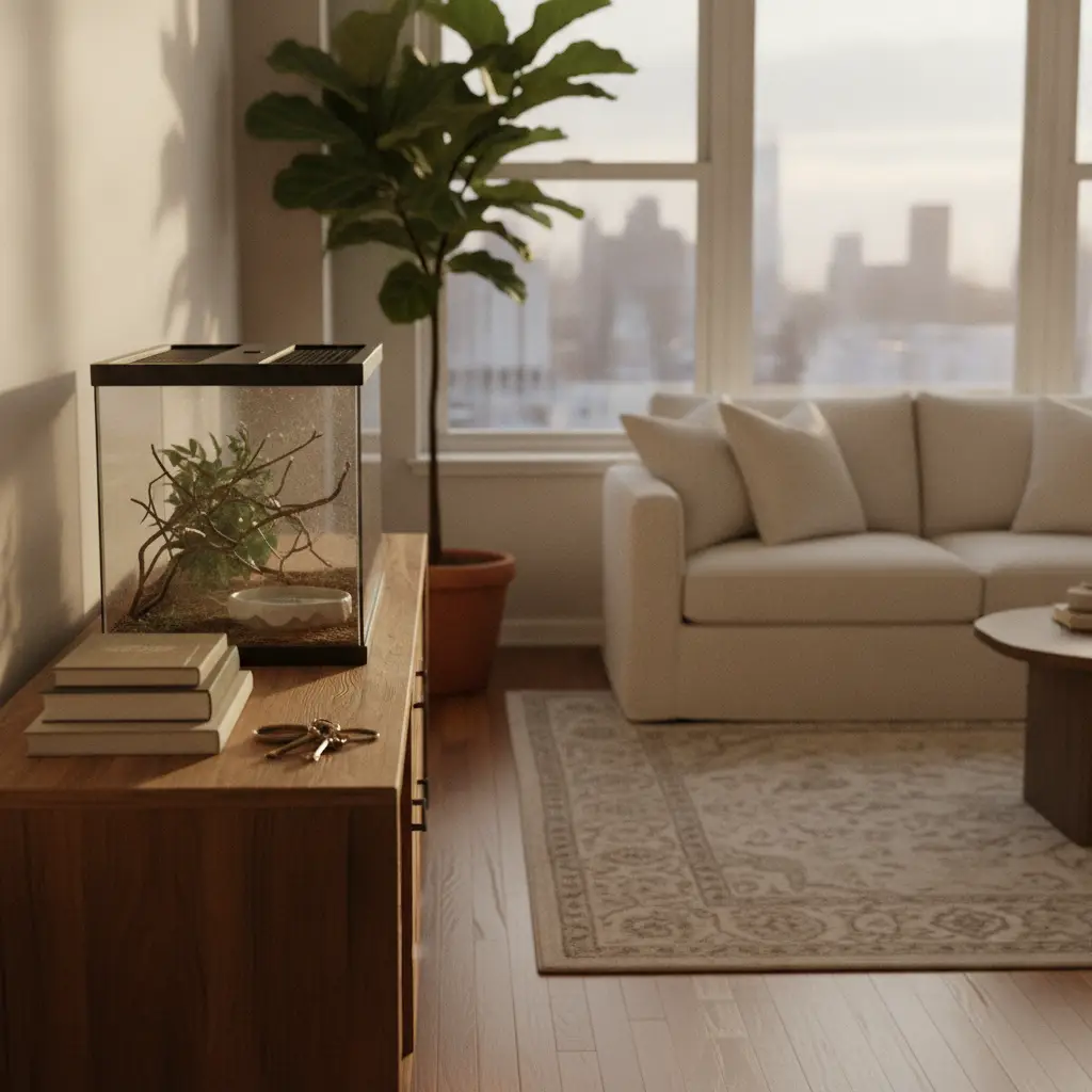 A glass reptile enclosure sits on a wooden sideboard in a sunlit living room representing exotic pet friendly apartments NYC.