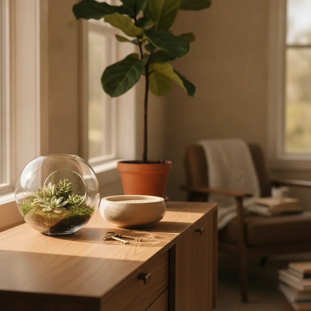 A wooden console table sits in a sunlit room featuring a glass succulent terrarium and a small houseplant, representing the tranquil lifestyle in exotic pet friendly neighborhoods Houston.