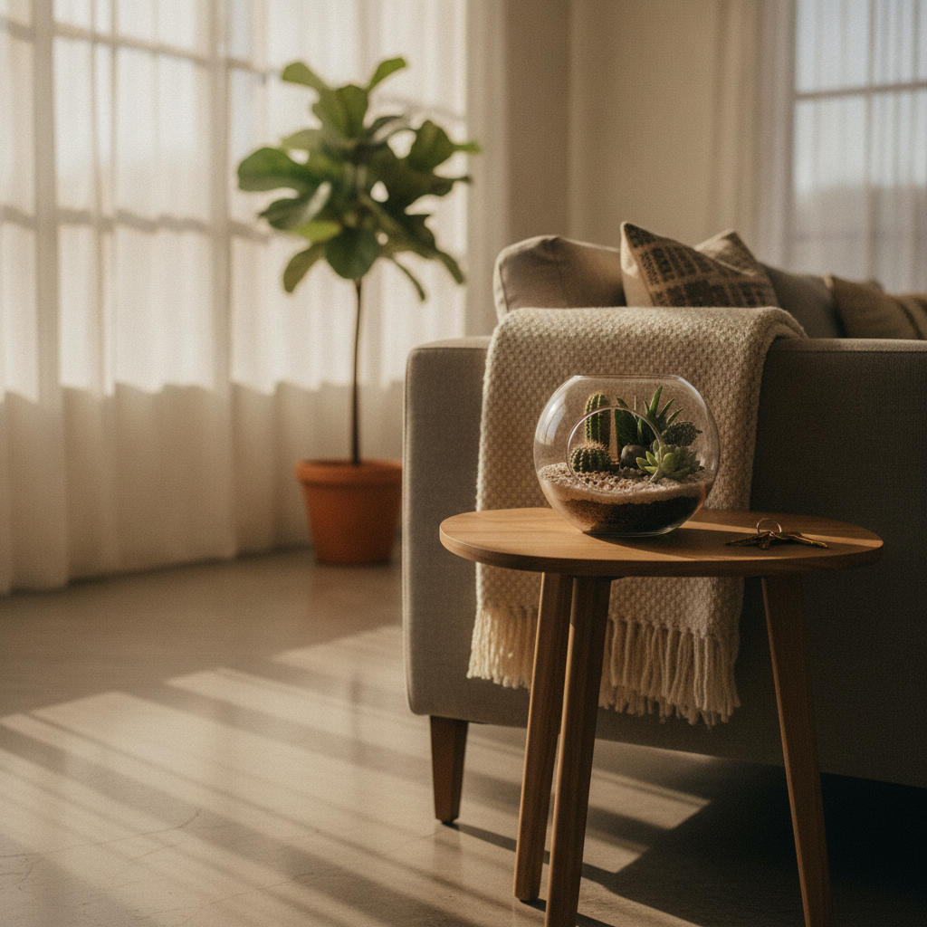 A glass bowl filled with small succulents and cactus sits on a wooden side table next to a sofa in an apartment, representative of exotic pet friendly rentals Los Angeles offers.
