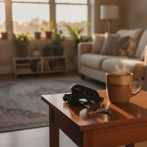A steaming mug and a small pet harness sit on a wooden table in a sunlit apartment, representing considerations for exotic pet rentals Chicago.