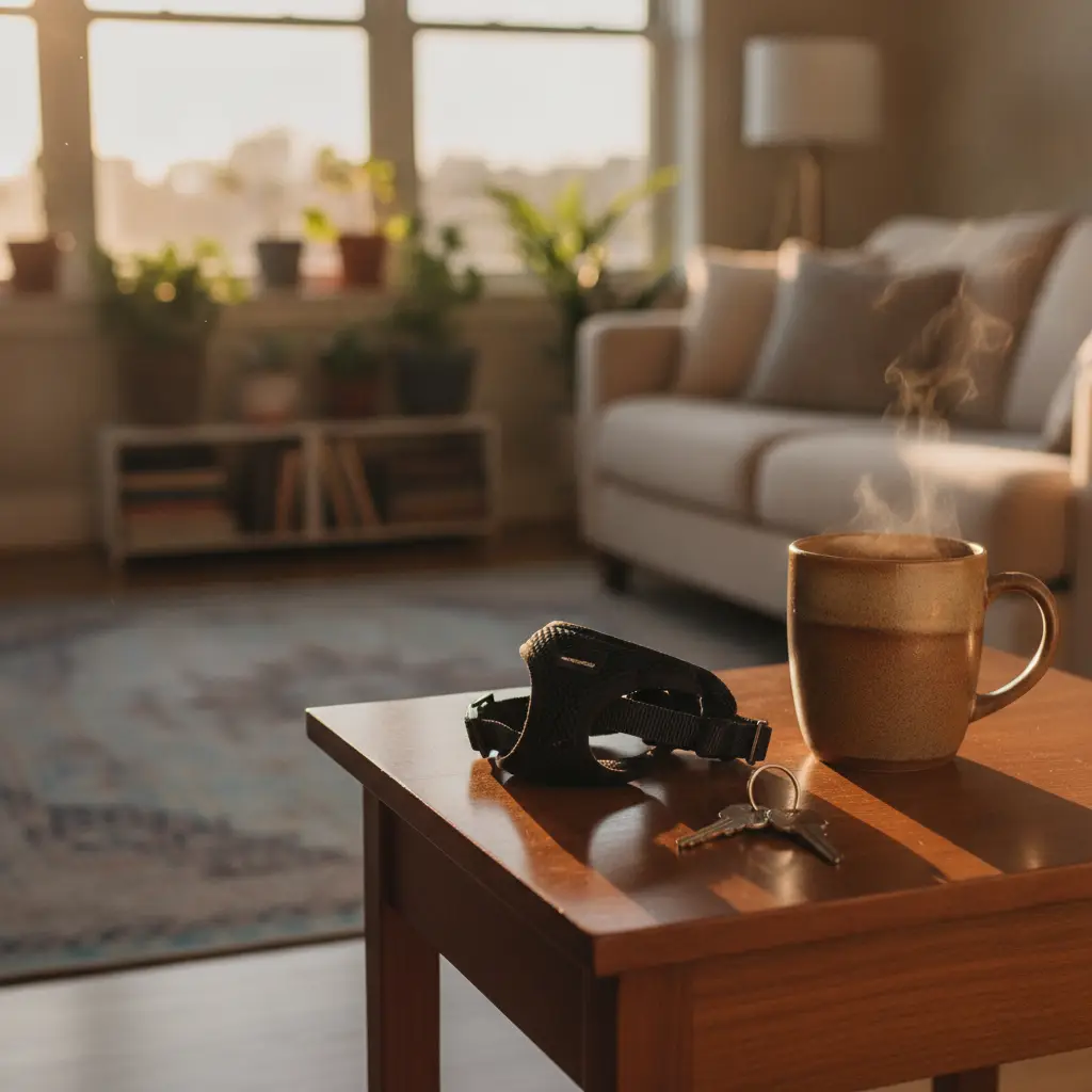 A steaming mug and a small pet harness sit on a wooden table in a sunlit apartment, representing considerations for exotic pet rentals Chicago.