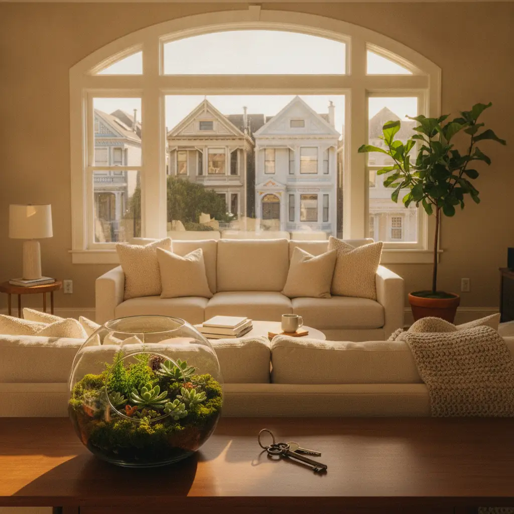 A serene living room featuring a modern couch and a glass terrarium looking out toward a view of Victorian houses, representing the atmosphere of exotic pet rentals San Francisco.