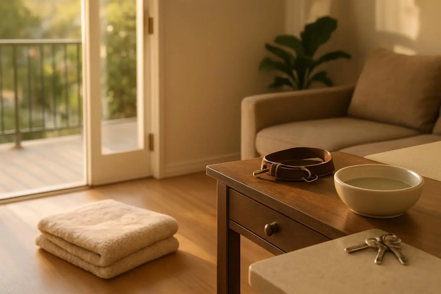 A bright living room with a pet bed, showing pet-friendly rentals.