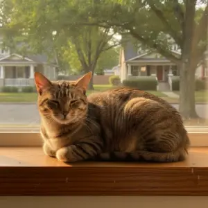 A brown tabby cat with eyes closed sits on a wooden windowsill overlooking a suburban street in one of the cat friendly neighborhoods Nashville is known for.