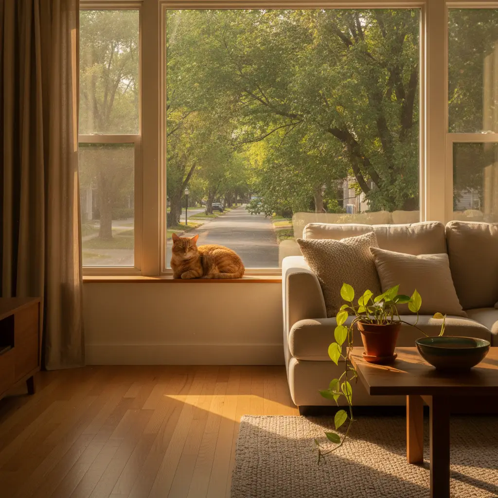 A ginger cat sits on a sunny windowsill overlooking a quiet street, representing the charm of cat friendly neighborhoods Orlando.