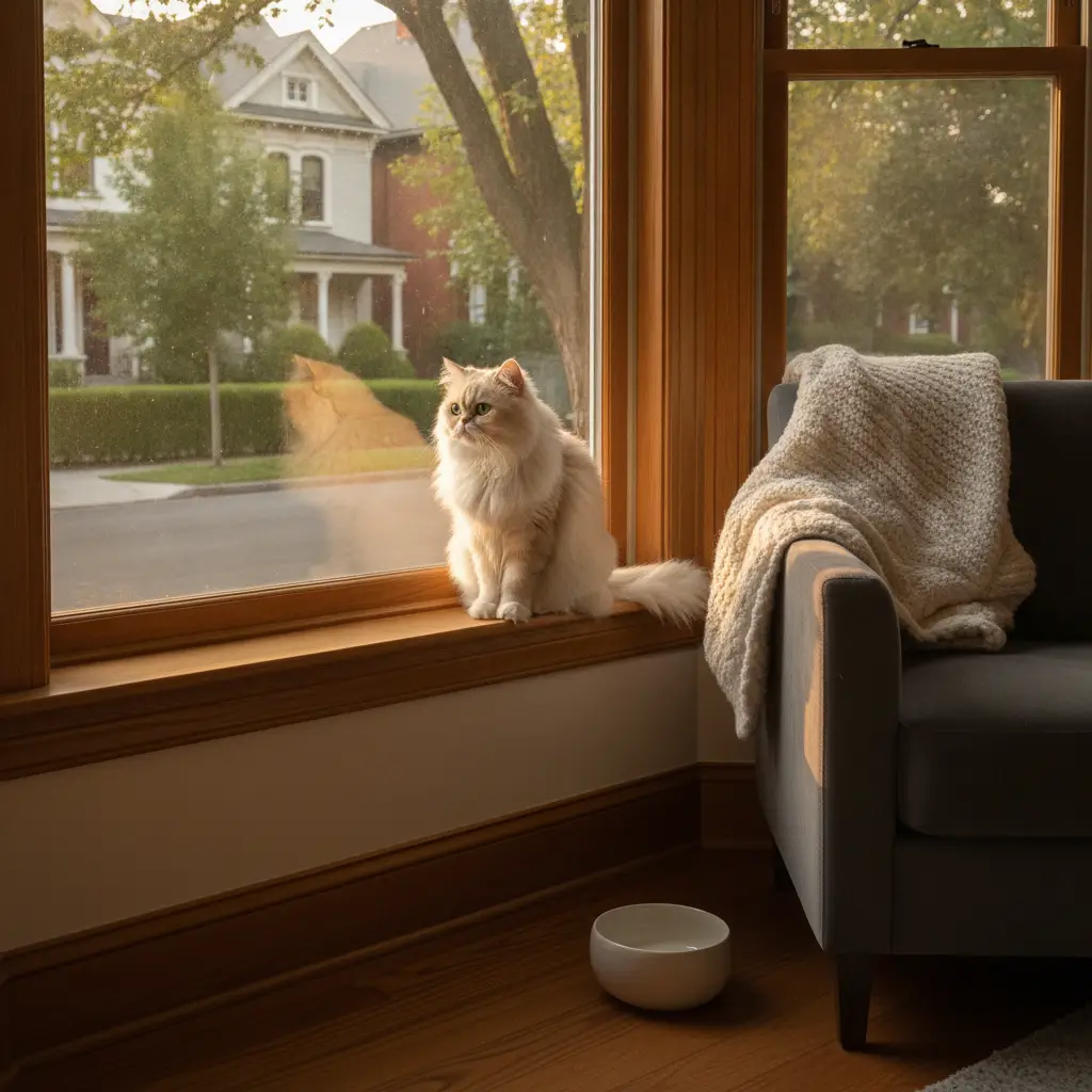 A long-haired white cat sits on a wooden windowsill looking outside at a quiet street in one of the many cat friendly neighborhoods Philadelphia.