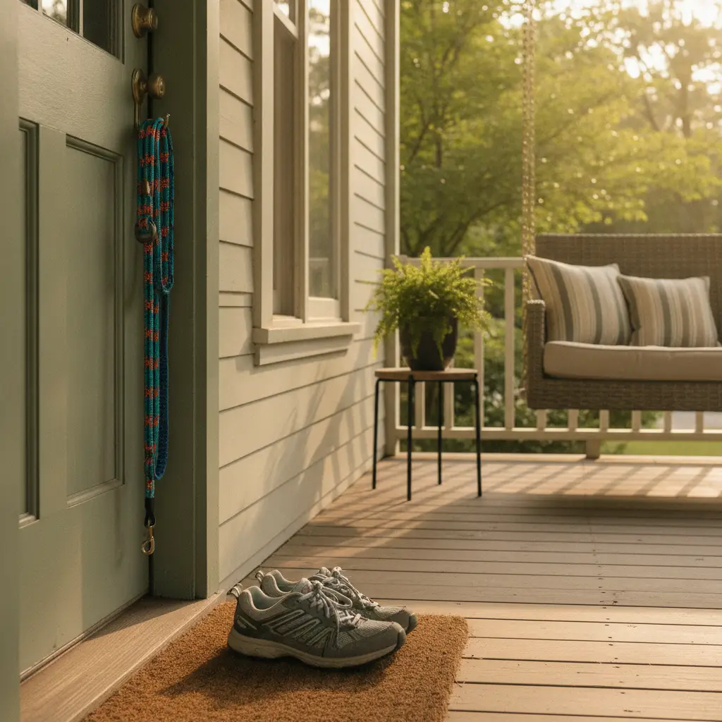 A pair of sneakers sits on a mat outside a door with a leash hanging on the handle, representing a lifestyle in dog friendly neighborhoods Orlando renters choose.