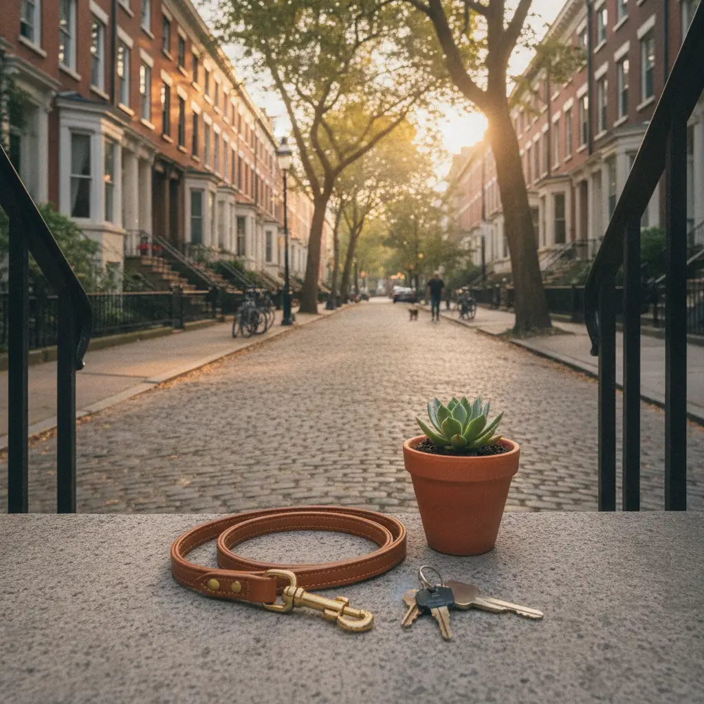 A leather dog leash and house keys sitting on a stone stoop with a brick street in the background, representing one of the many dog friendly neighborhoods Philadelphia residents love.