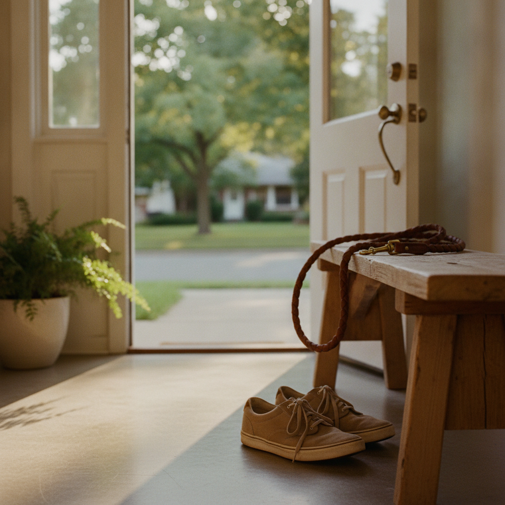 A wooden bench with a leather leash and pair of shoes sits inside a house looking out an open door toward a sunny street, capturing the welcoming vibe of dog friendly neighborhoods Phoenix.